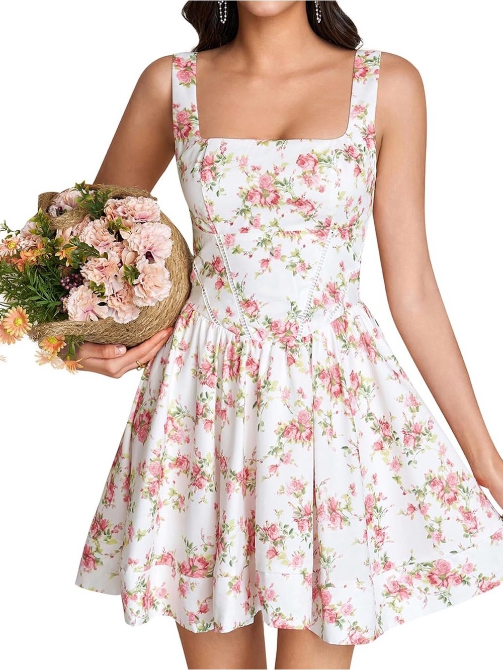 A575 KUTUMAI Floral Corset Mini Flower Dress Square Neck Flowy A Line NWT Small